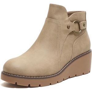 Womens Wedge Ankle Boots Chunky Low Heel Fall Short Booties Side Zipper(Khaki)