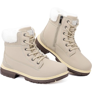 ziitop Womens Winter Boots Waterproof Snow Boots Fur Lined Lace Up Side Zip(Beige)