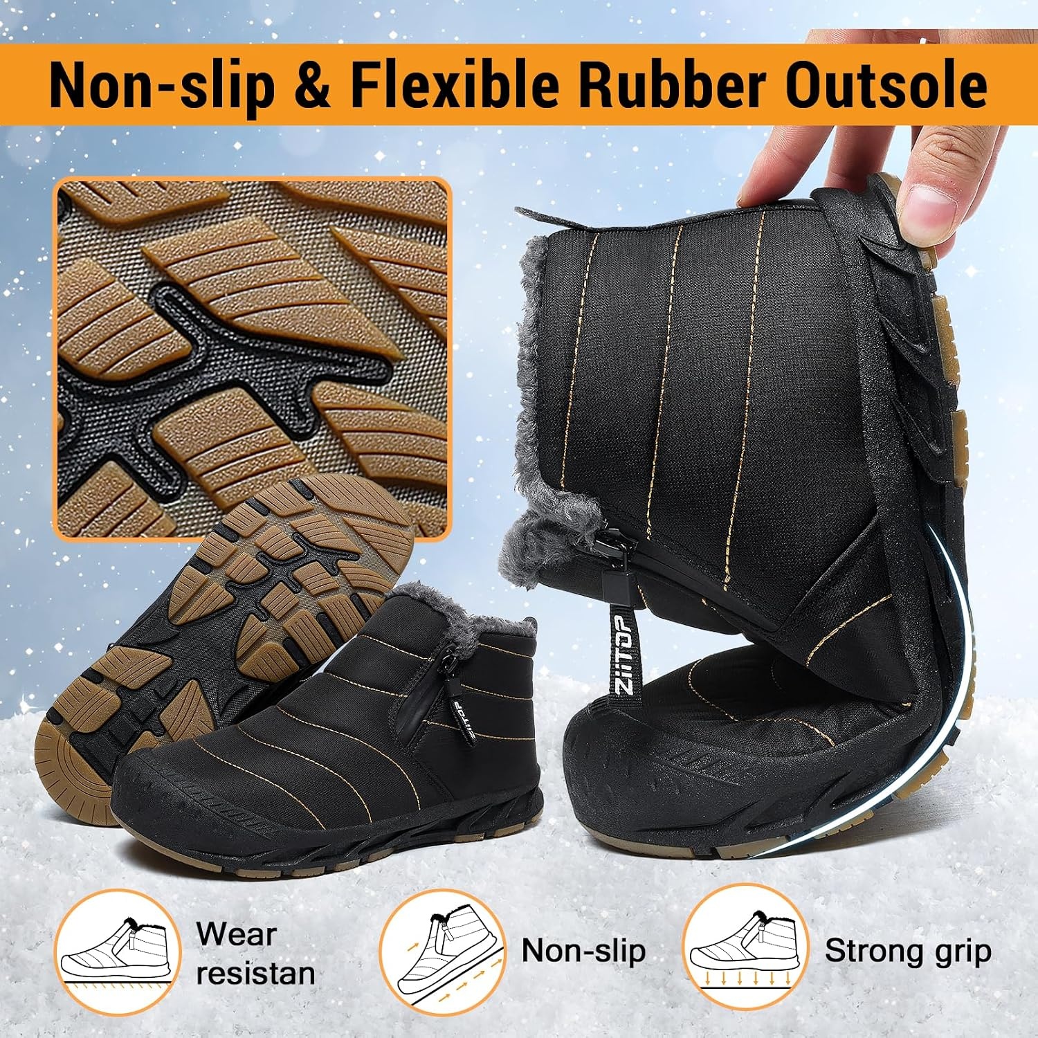 image:imageziitop Snow Boots Mens Waterproof Winter Boots Fur Lined Warm Ankle BootsBlack