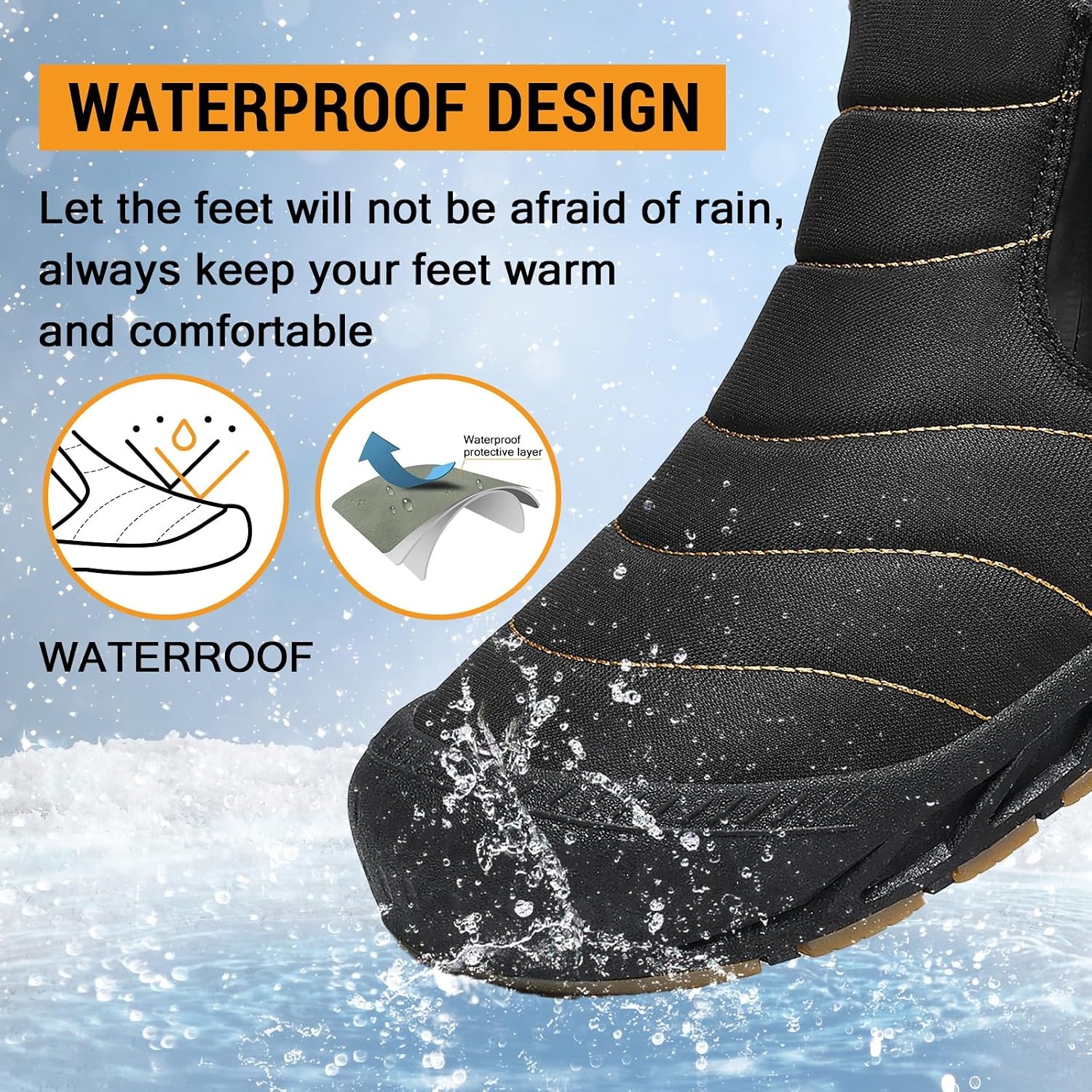 image:imageziitop Snow Boots Mens Waterproof Winter Boots Fur Lined Warm Ankle BootsBlack