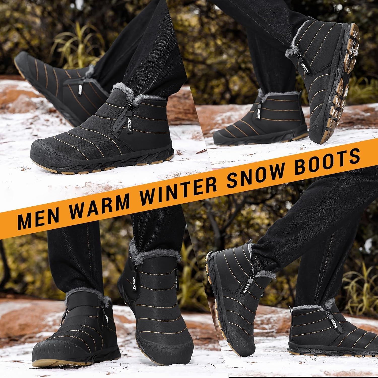 image:imageziitop Snow Boots Mens Waterproof Winter Boots Fur Lined Warm Ankle BootsBlack