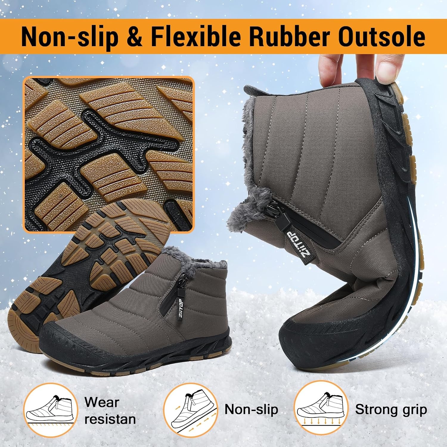 image:imageziitop Snow Boots Mens Waterproof Winter Boots Fur Lined Warm Ankle BootsDark Brown