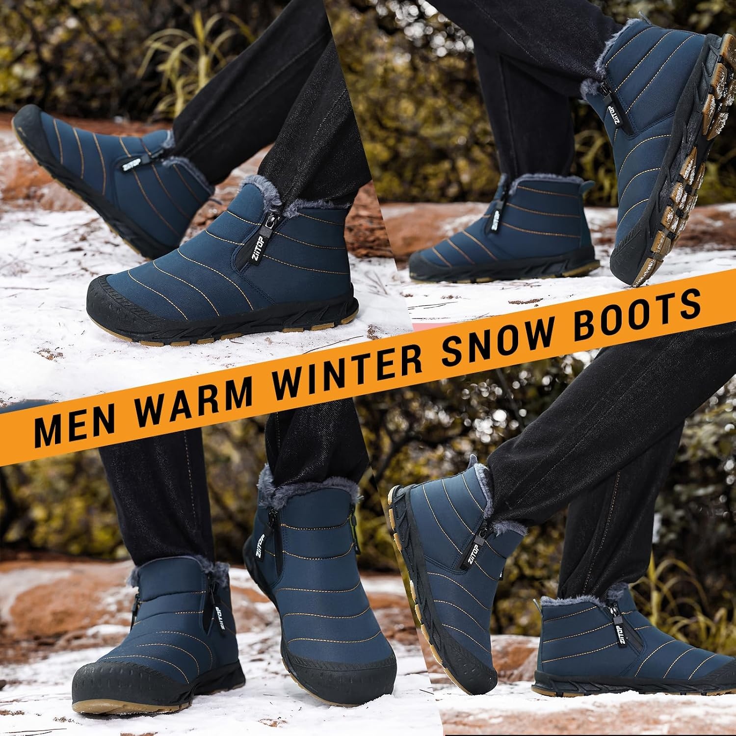 image:imageziitop Snow Boots Mens Waterproof Winter Boots Fur Lined Warm Ankle BootsNavy