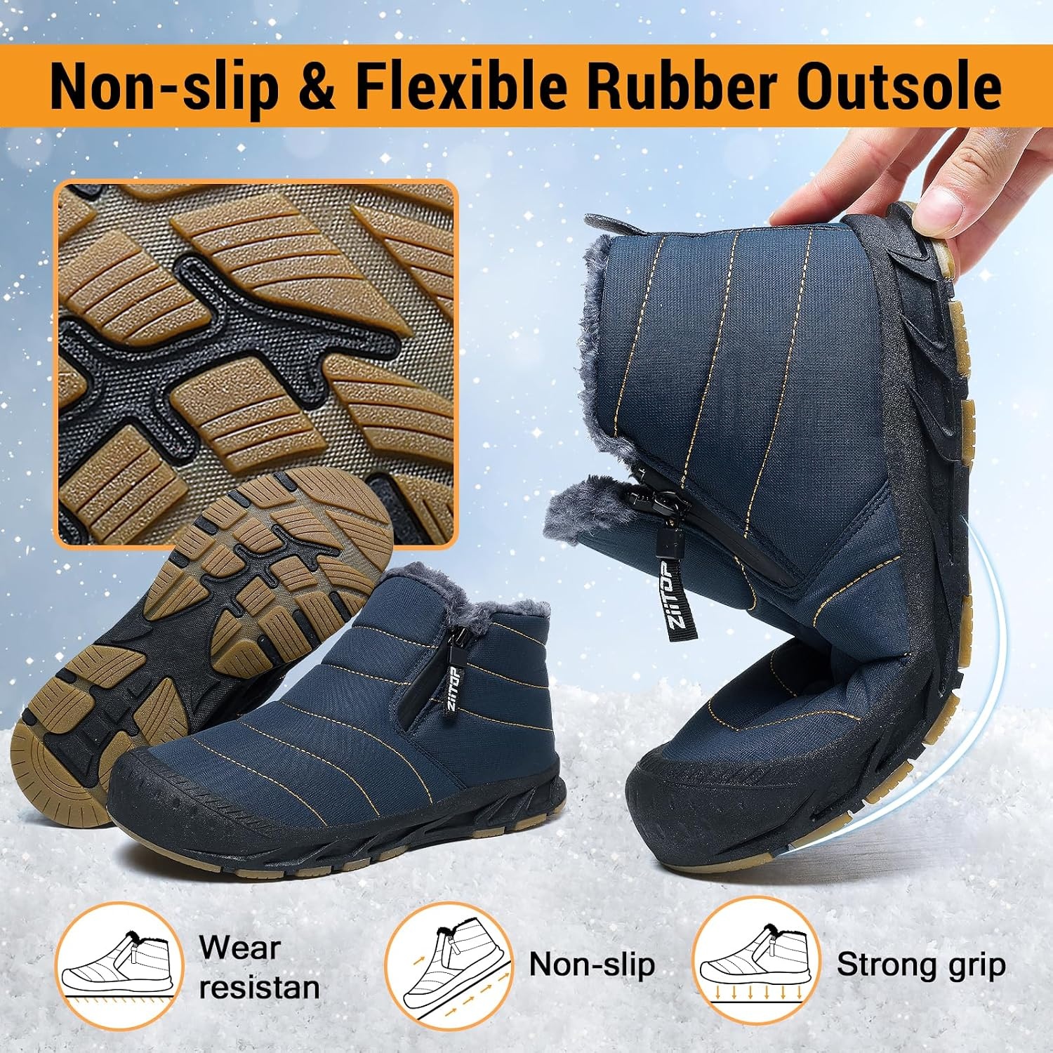 image:imageziitop Snow Boots Mens Waterproof Winter Boots Fur Lined Warm Ankle BootsNavy