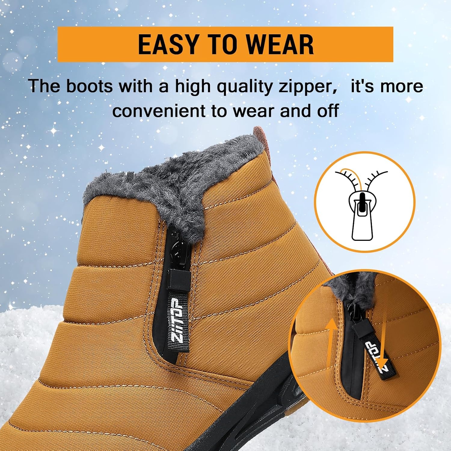 image:imageziitop Snow Boots Mens Waterproof Winter Boots Fur Lined Warm Ankle BootsYellow
