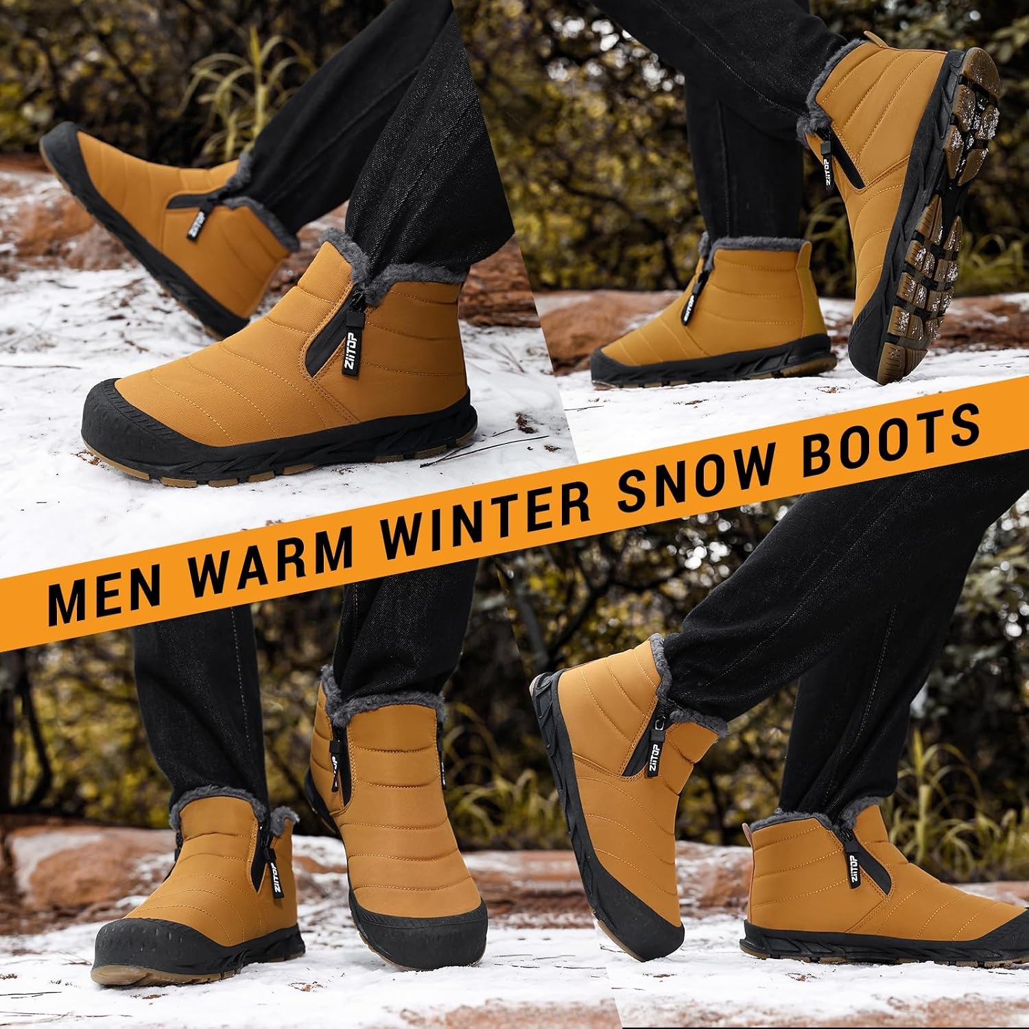 image:imageziitop Snow Boots Mens Waterproof Winter Boots Fur Lined Warm Ankle BootsYellow
