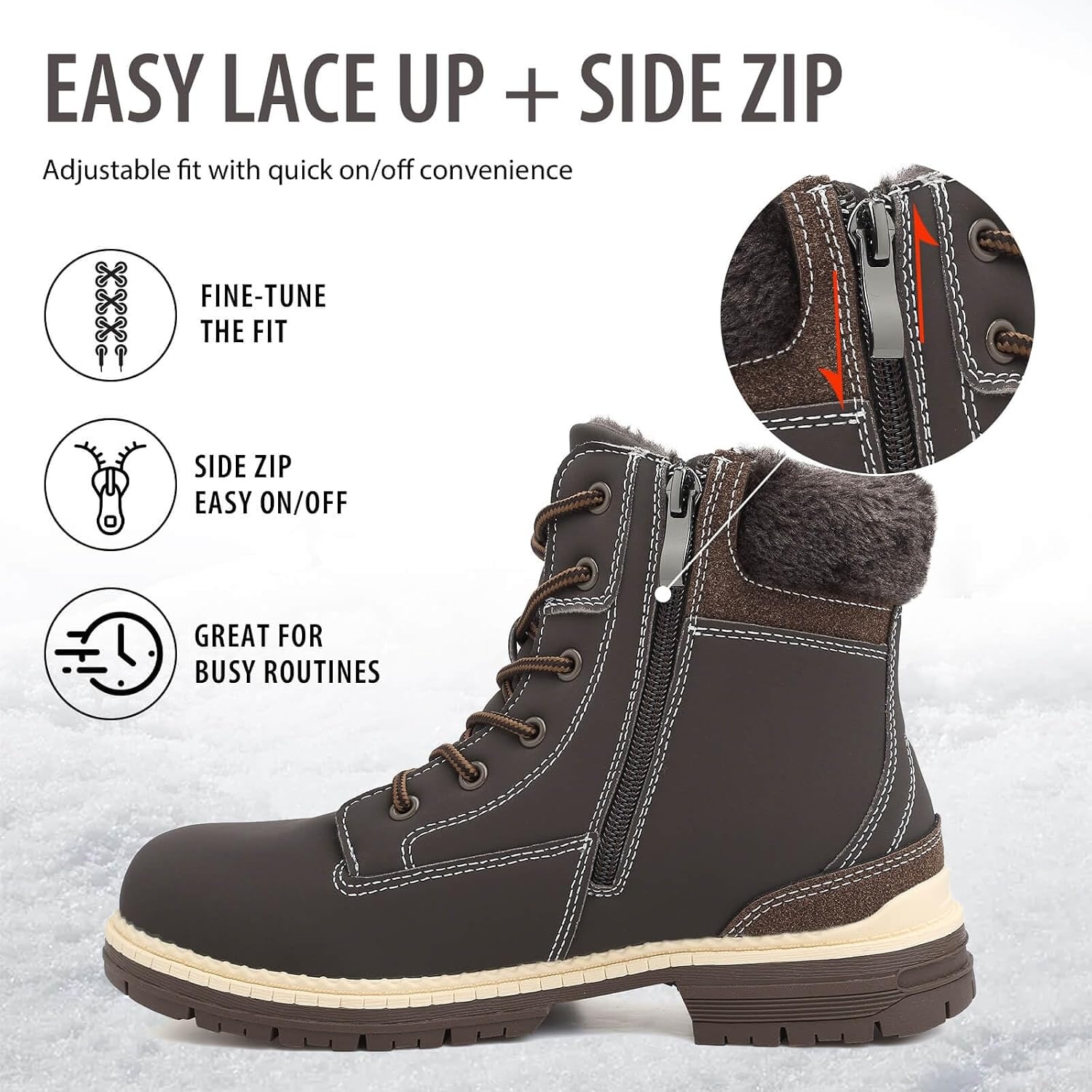 image:imageziitop Womens Winter Boots Waterproof Snow Boots Fur Lined Lace Up Side ZipBrown