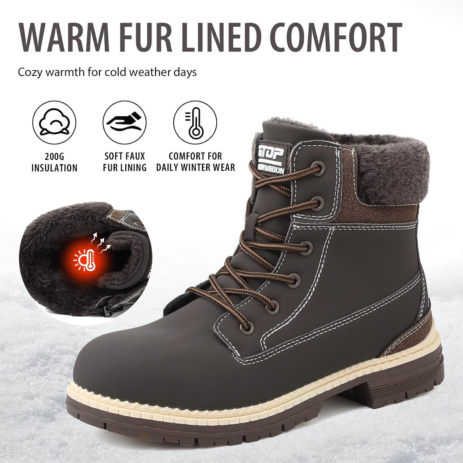 image:imageziitop Womens Winter Boots Waterproof Snow Boots Fur Lined Lace Up Side ZipBrown
