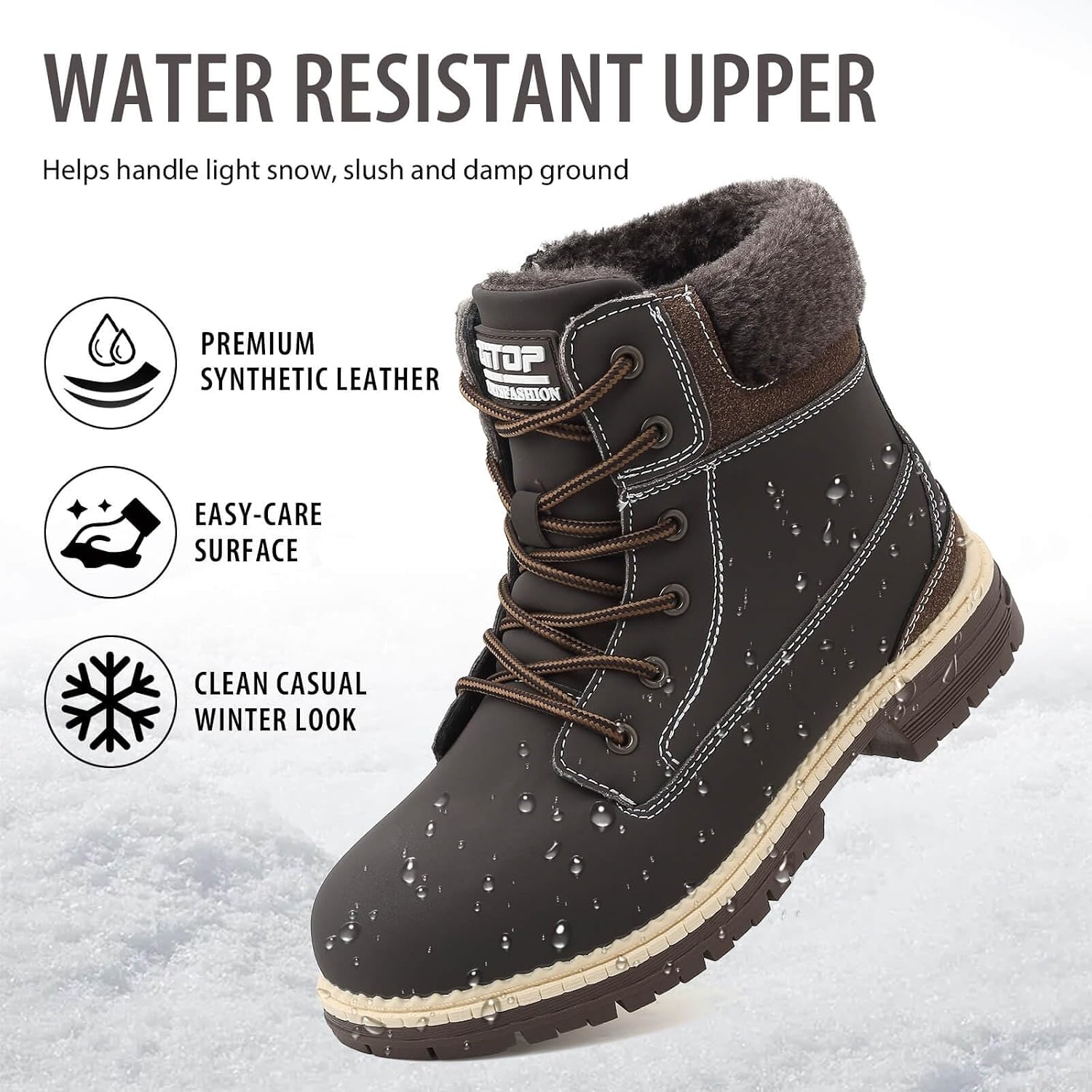 image:imageziitop Womens Winter Boots Waterproof Snow Boots Fur Lined Lace Up Side ZipBrown