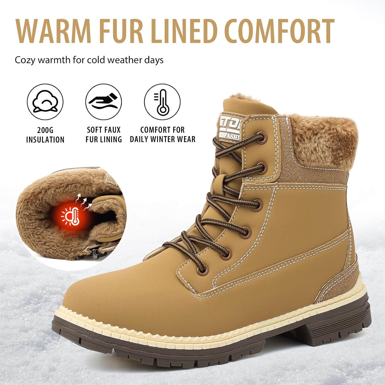 image:imageziitop Womens Winter Boots Waterproof Snow Boots Fur Lined Lace Up Side ZipCamel