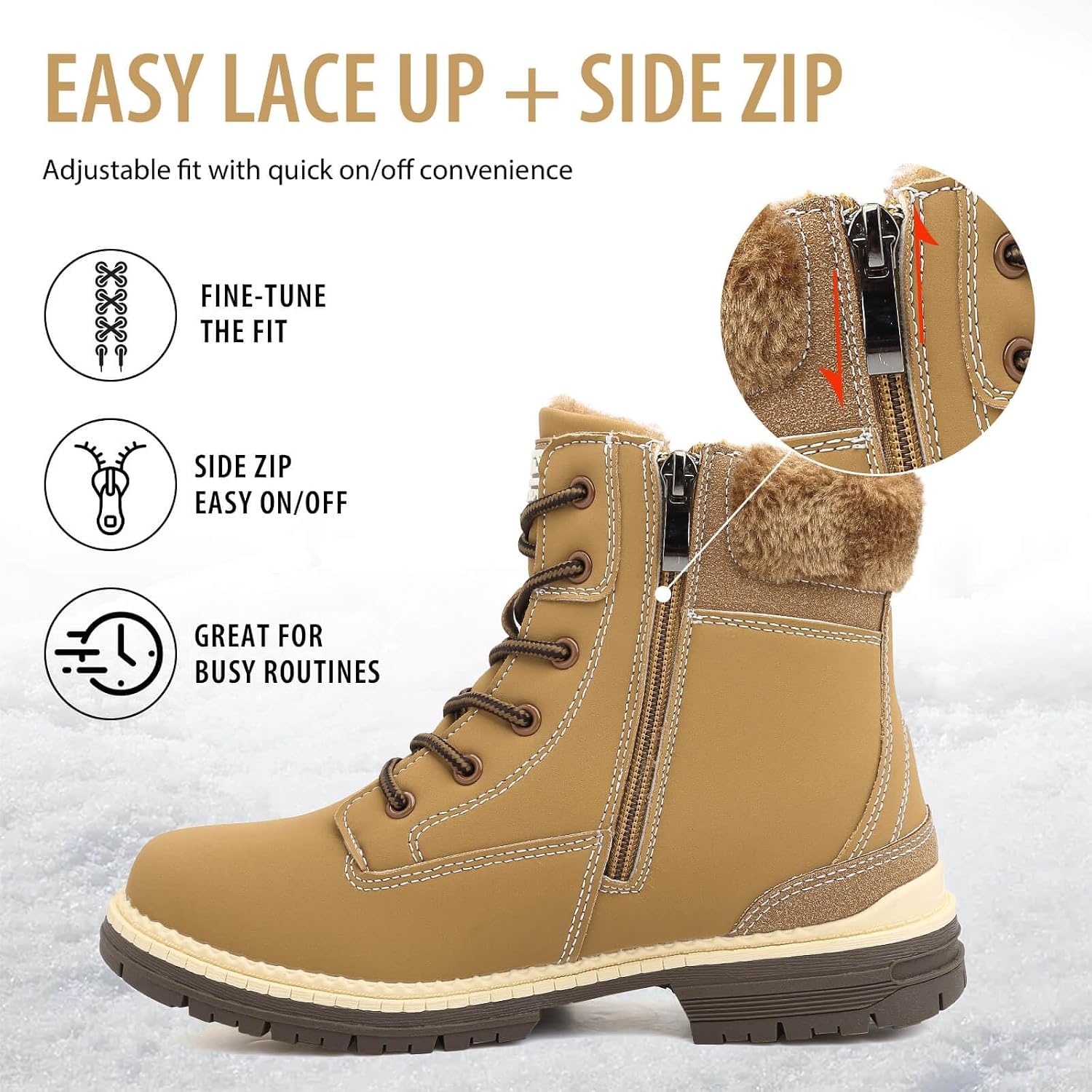 image:imageziitop Womens Winter Boots Waterproof Snow Boots Fur Lined Lace Up Side ZipCamel