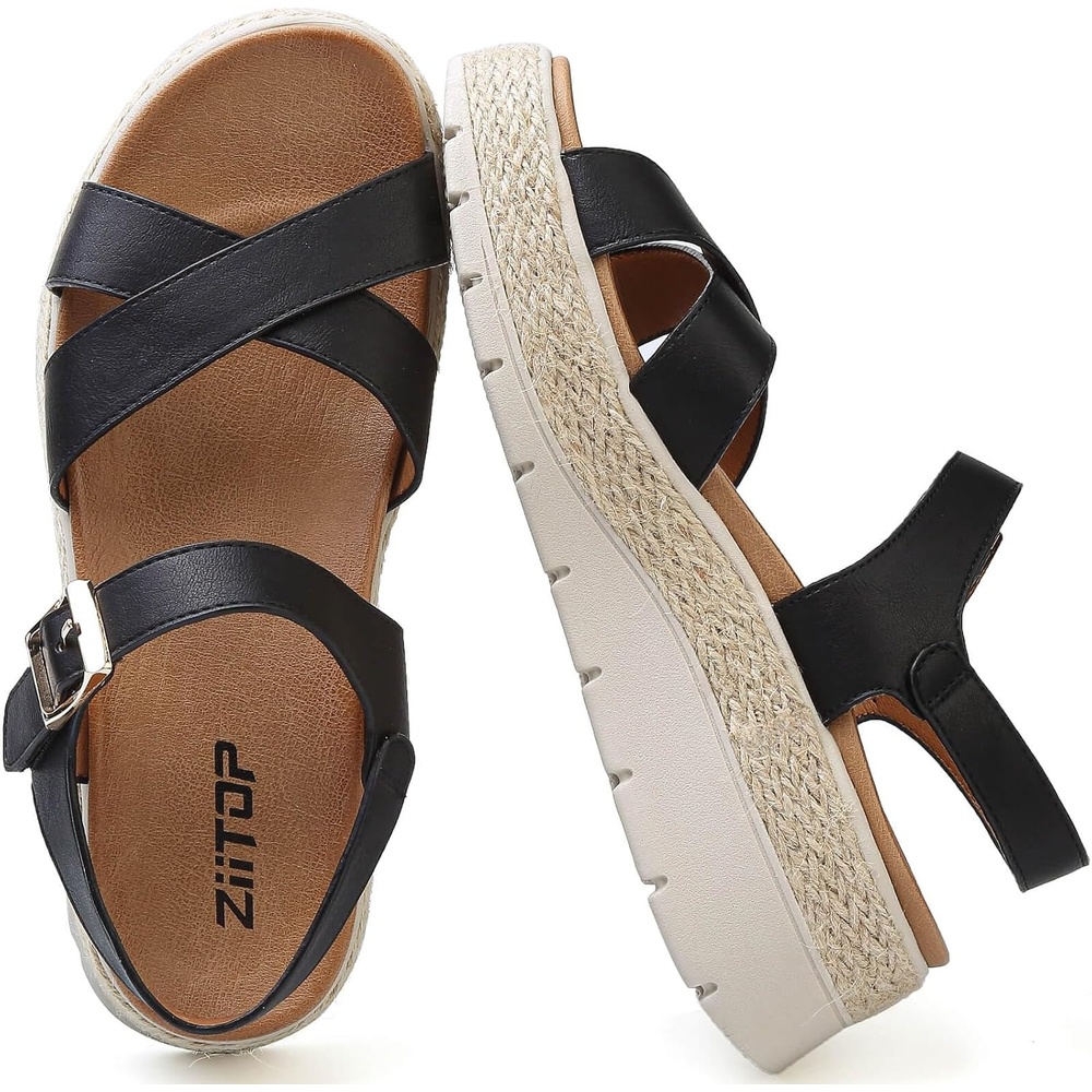 image:imageziitop Womens Wedge Platform Espadrille Sandals with Orthopedic Arch Support Adjustable Ankle Strap Open Toe for Casual WalkingA Black