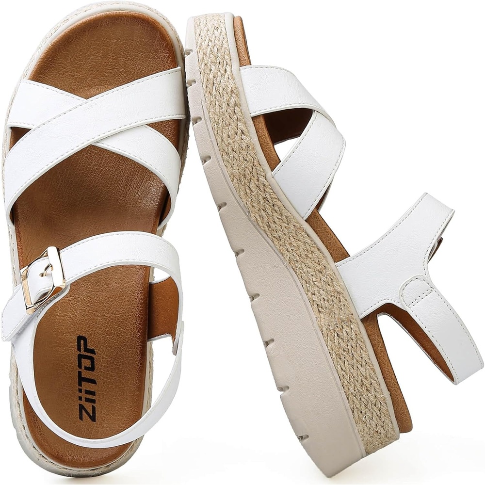 image:imageziitop Womens Wedge Platform Espadrille Sandals with Orthopedic Arch Support Adjustable Ankle Strap Open Toe for Casual WalkingA White