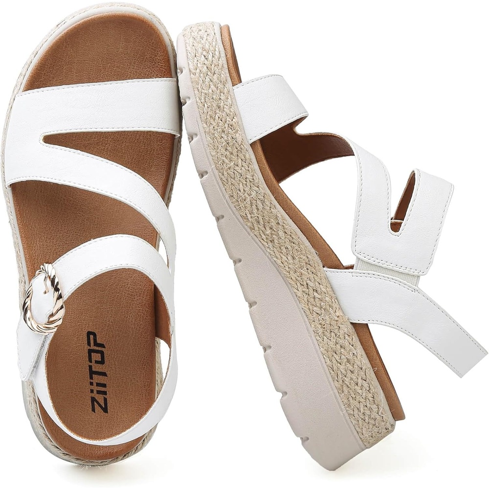 image:imageziitop Womens Wedge Platform Espadrille Sandals with Orthopedic Arch Support Adjustable Ankle Strap Open Toe for Casual WalkingB White