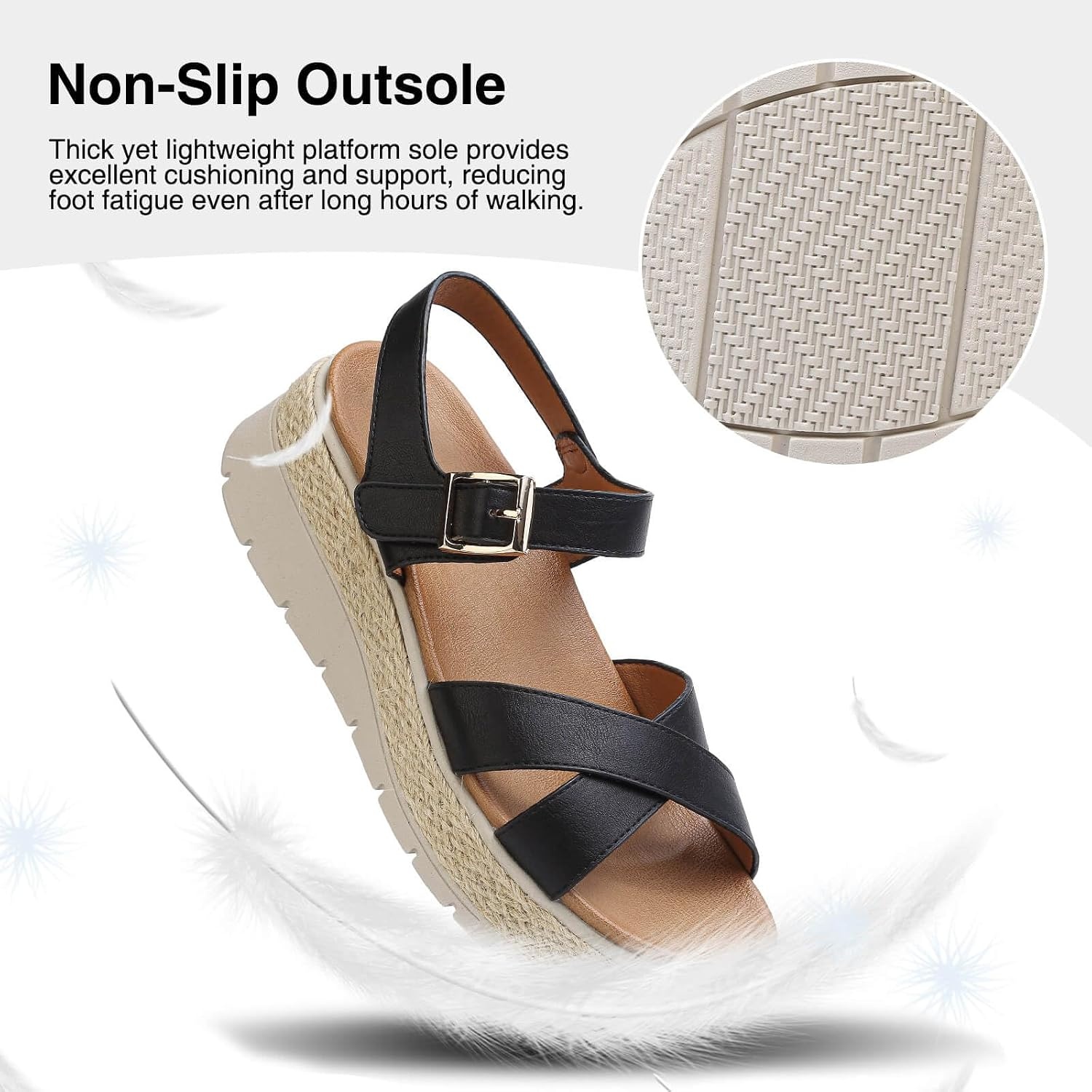 image:imageziitop Womens Wedge Platform Espadrille Sandals with Orthopedic Arch Support Adjustable Ankle Strap Open Toe for Casual WalkingA Black