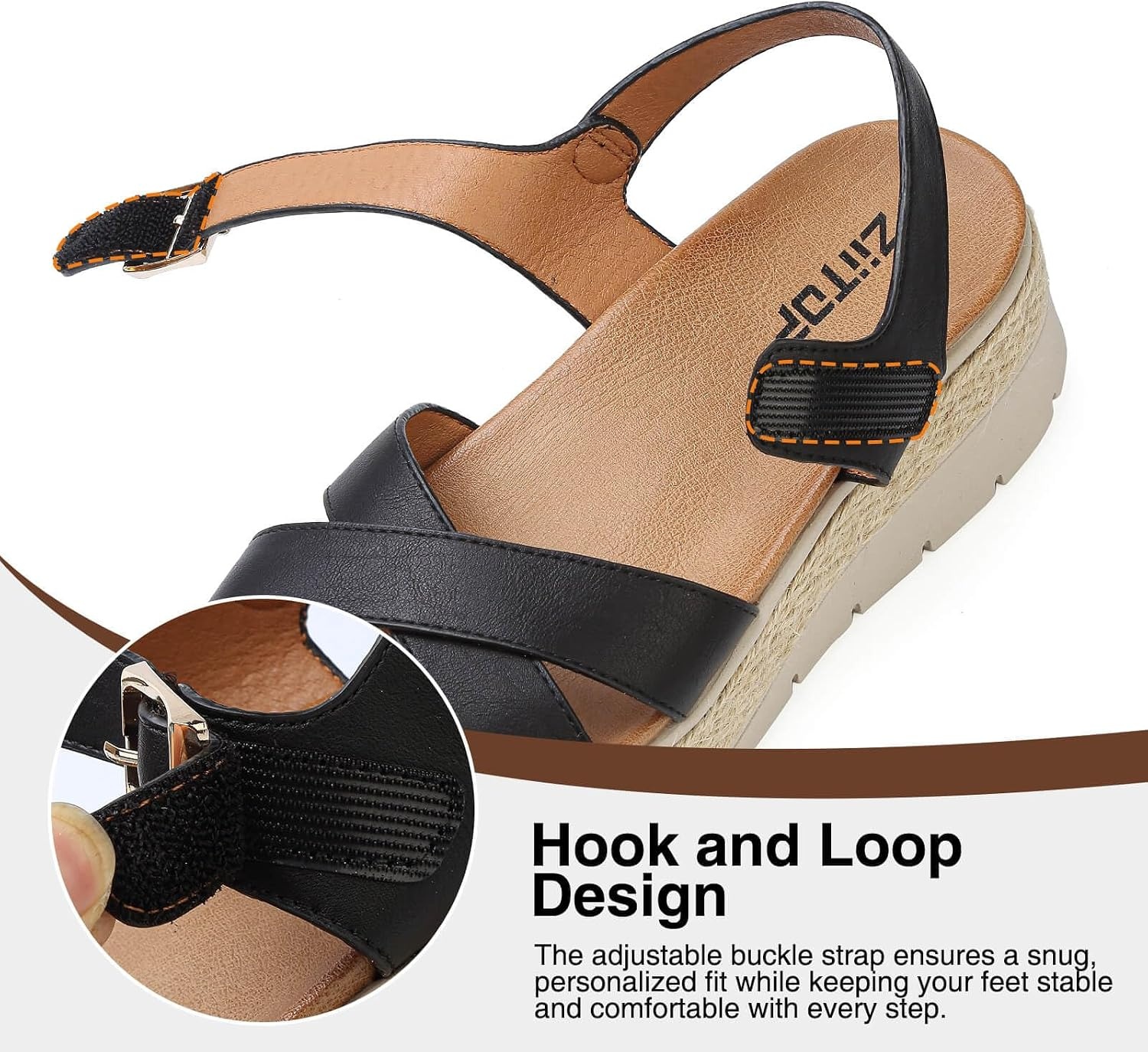 image:imageziitop Womens Wedge Platform Espadrille Sandals with Orthopedic Arch Support Adjustable Ankle Strap Open Toe for Casual WalkingA Black