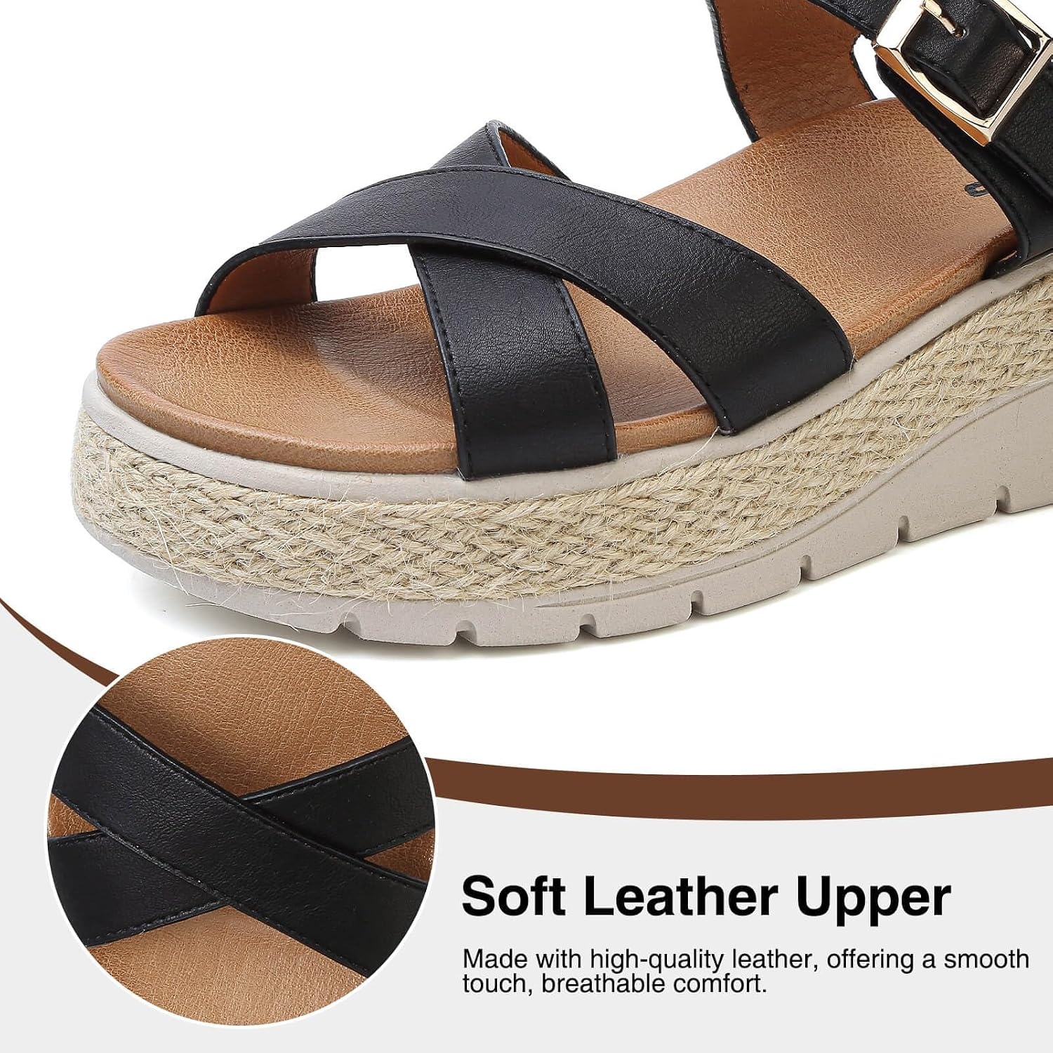 image:imageziitop Womens Wedge Platform Espadrille Sandals with Orthopedic Arch Support Adjustable Ankle Strap Open Toe for Casual WalkingA Black