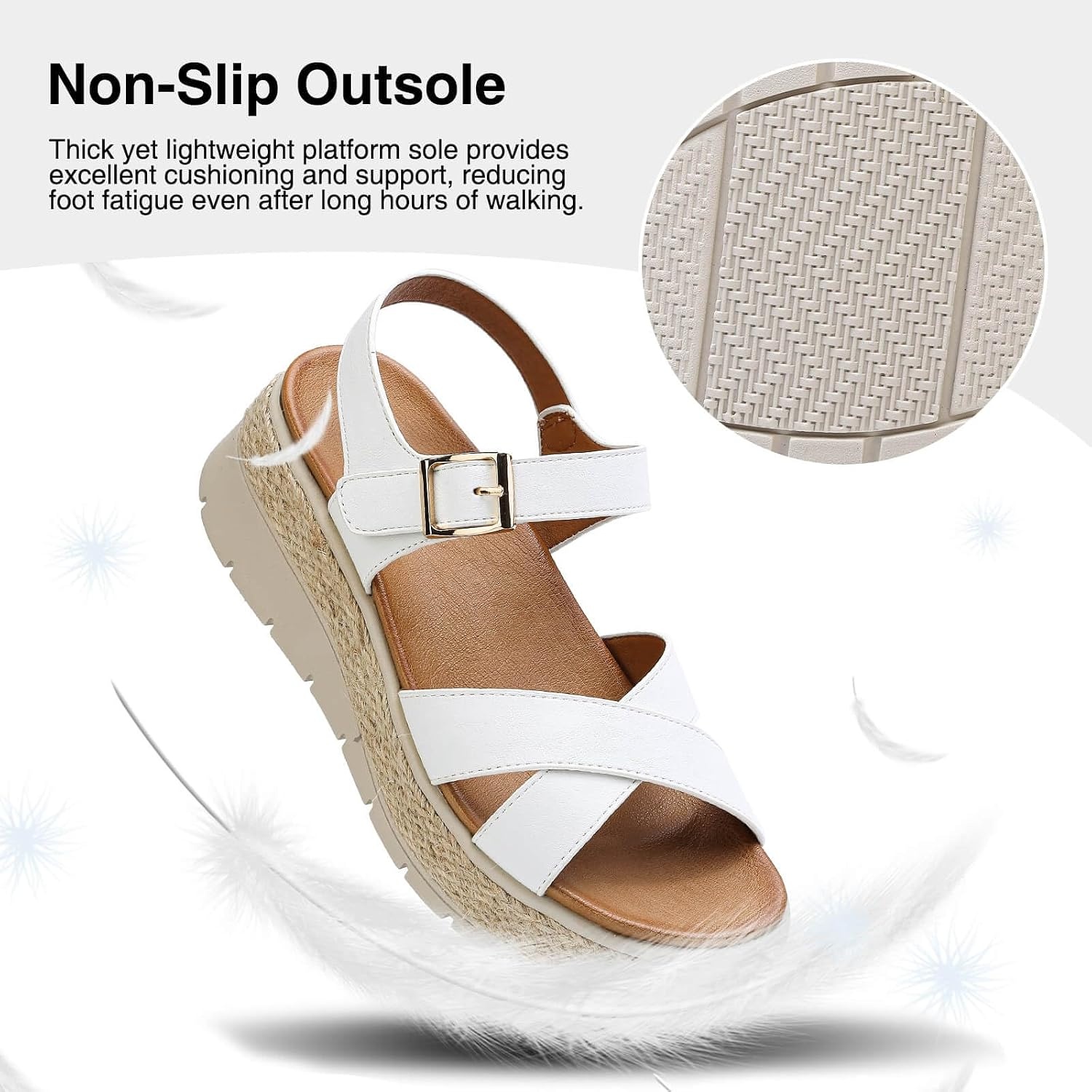 image:imageziitop Womens Wedge Platform Espadrille Sandals with Orthopedic Arch Support Adjustable Ankle Strap Open Toe for Casual WalkingA White