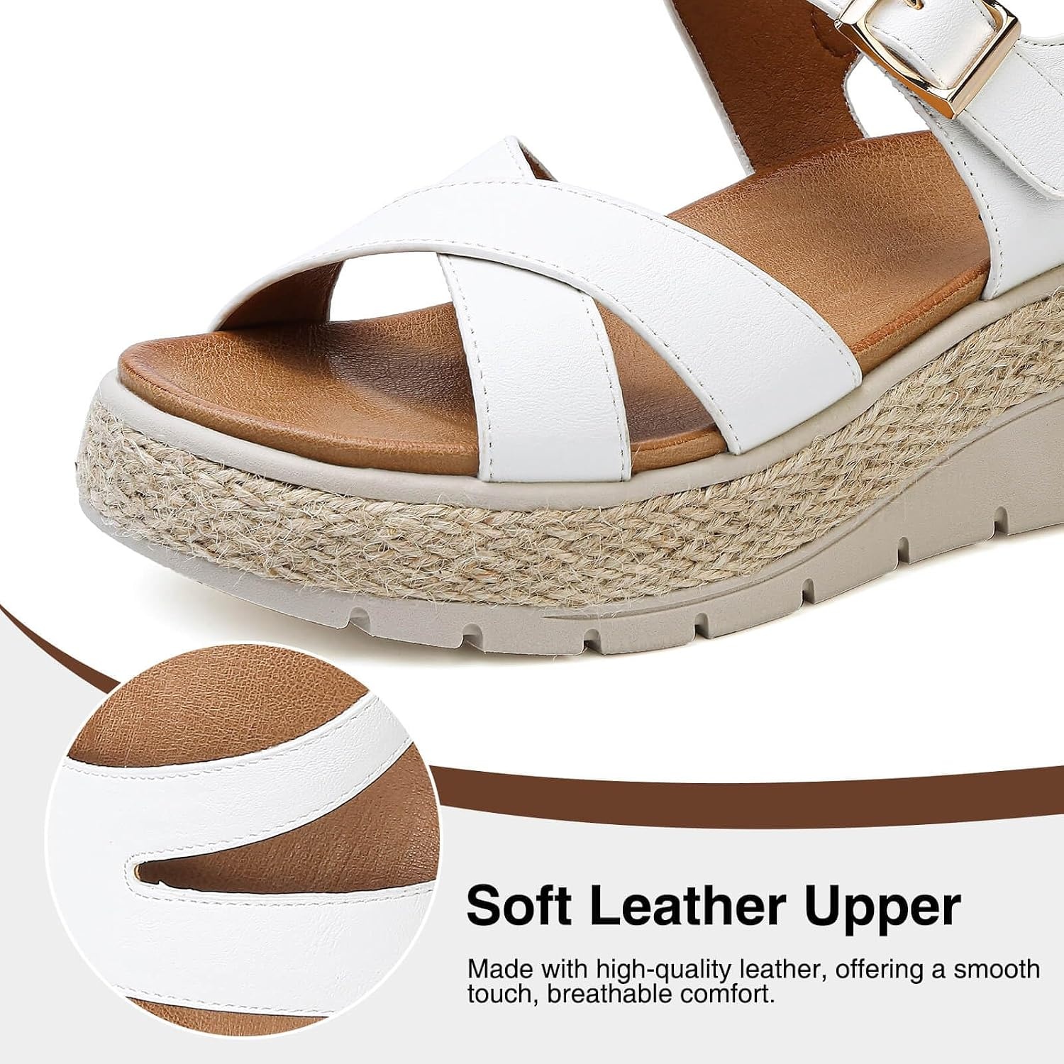 image:imageziitop Womens Wedge Platform Espadrille Sandals with Orthopedic Arch Support Adjustable Ankle Strap Open Toe for Casual WalkingA White