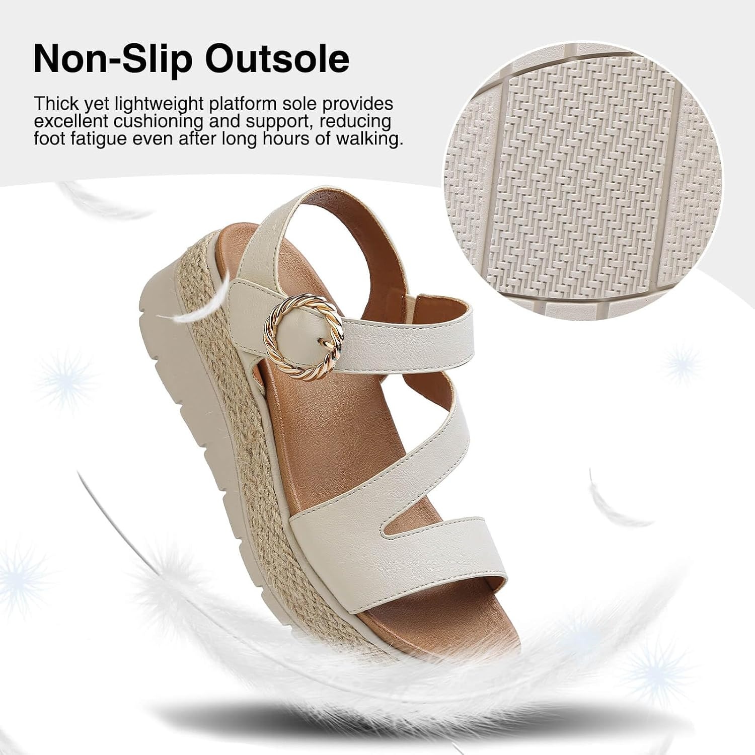 image:imageziitop Womens Wedge Platform Espadrille Sandals with Orthopedic Arch Support Adjustable Ankle Strap Open Toe for Casual WalkingB Beige