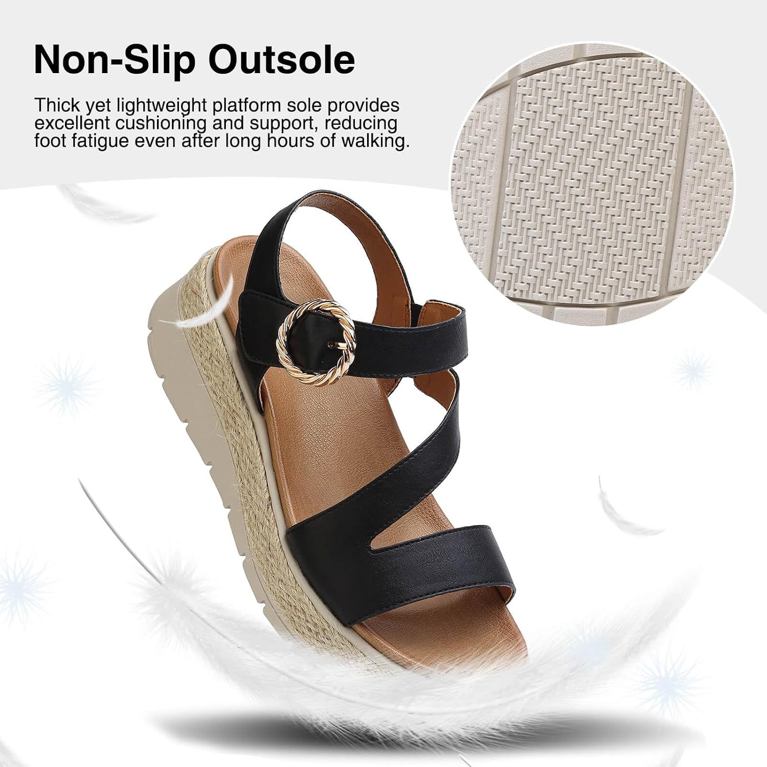 image:imageziitop Womens Wedge Platform Espadrille Sandals with Orthopedic Arch Support Adjustable Ankle Strap Open Toe for Casual WalkingB Black