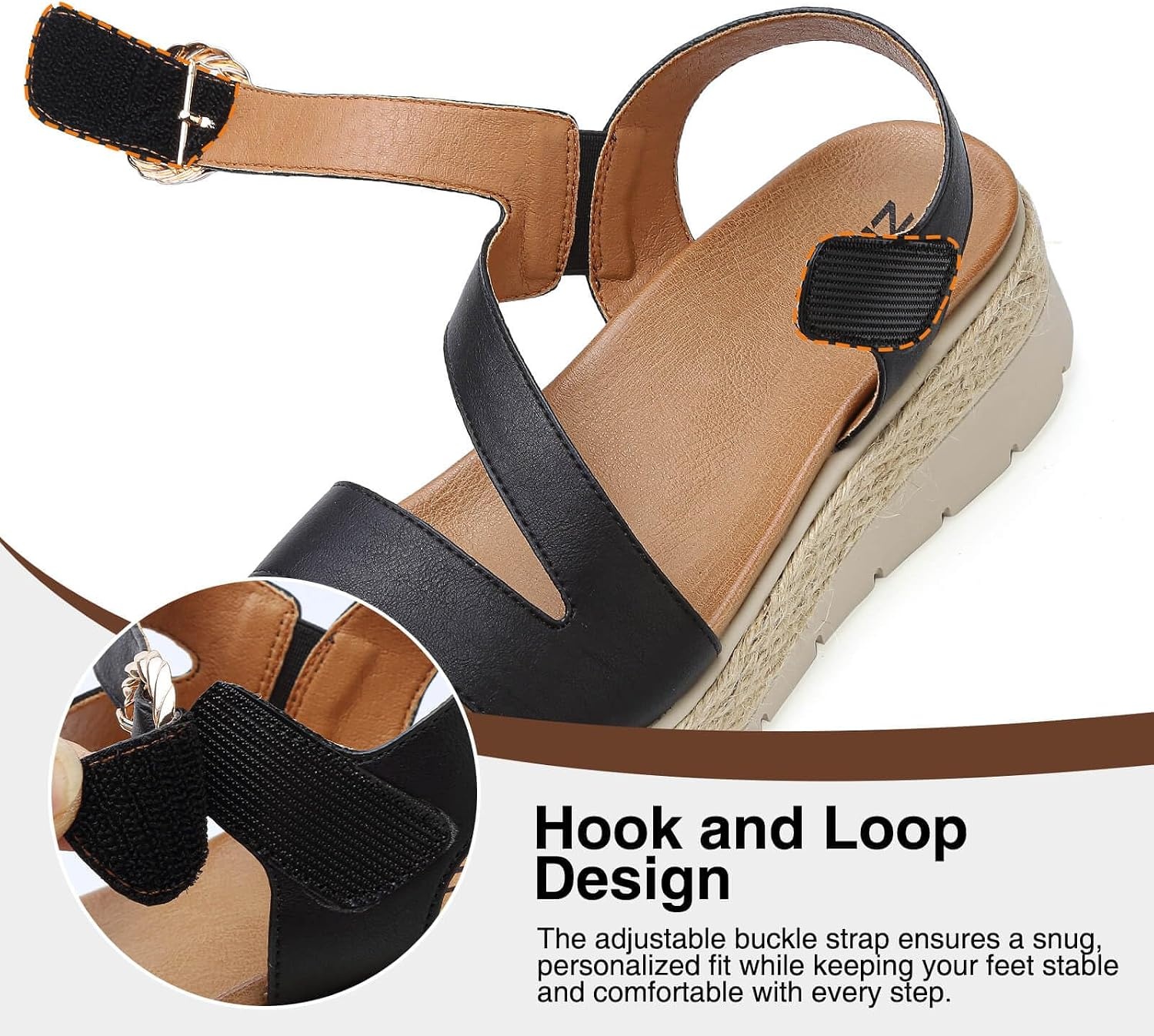 image:imageziitop Womens Wedge Platform Espadrille Sandals with Orthopedic Arch Support Adjustable Ankle Strap Open Toe for Casual WalkingB Black