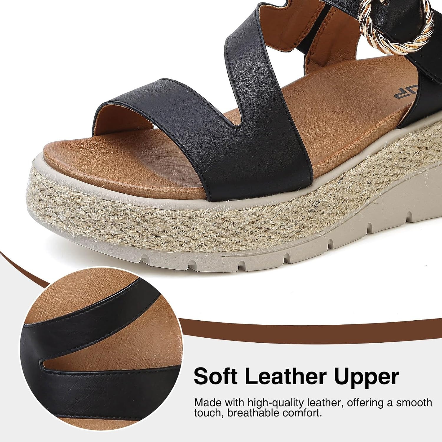 image:imageziitop Womens Wedge Platform Espadrille Sandals with Orthopedic Arch Support Adjustable Ankle Strap Open Toe for Casual WalkingB Black