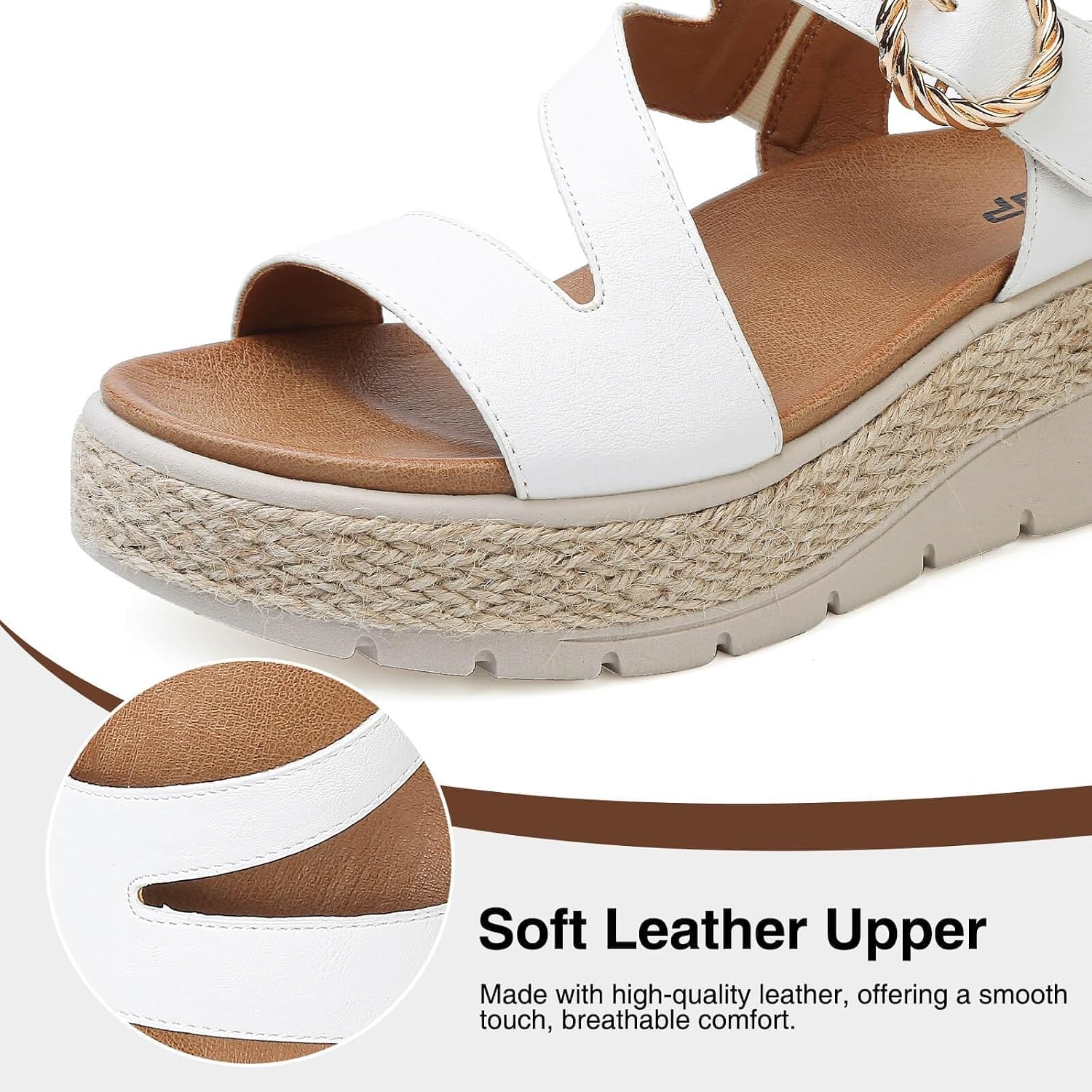 image:imageziitop Womens Wedge Platform Espadrille Sandals with Orthopedic Arch Support Adjustable Ankle Strap Open Toe for Casual WalkingB White