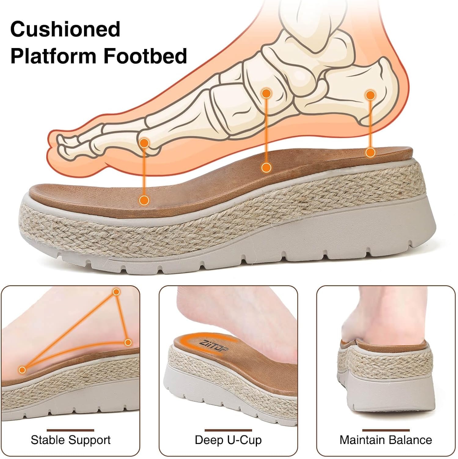 image:imageziitop Womens Wedge Platform Espadrille Sandals with Orthopedic Arch Support Adjustable Ankle Strap Open Toe for Casual WalkingB White