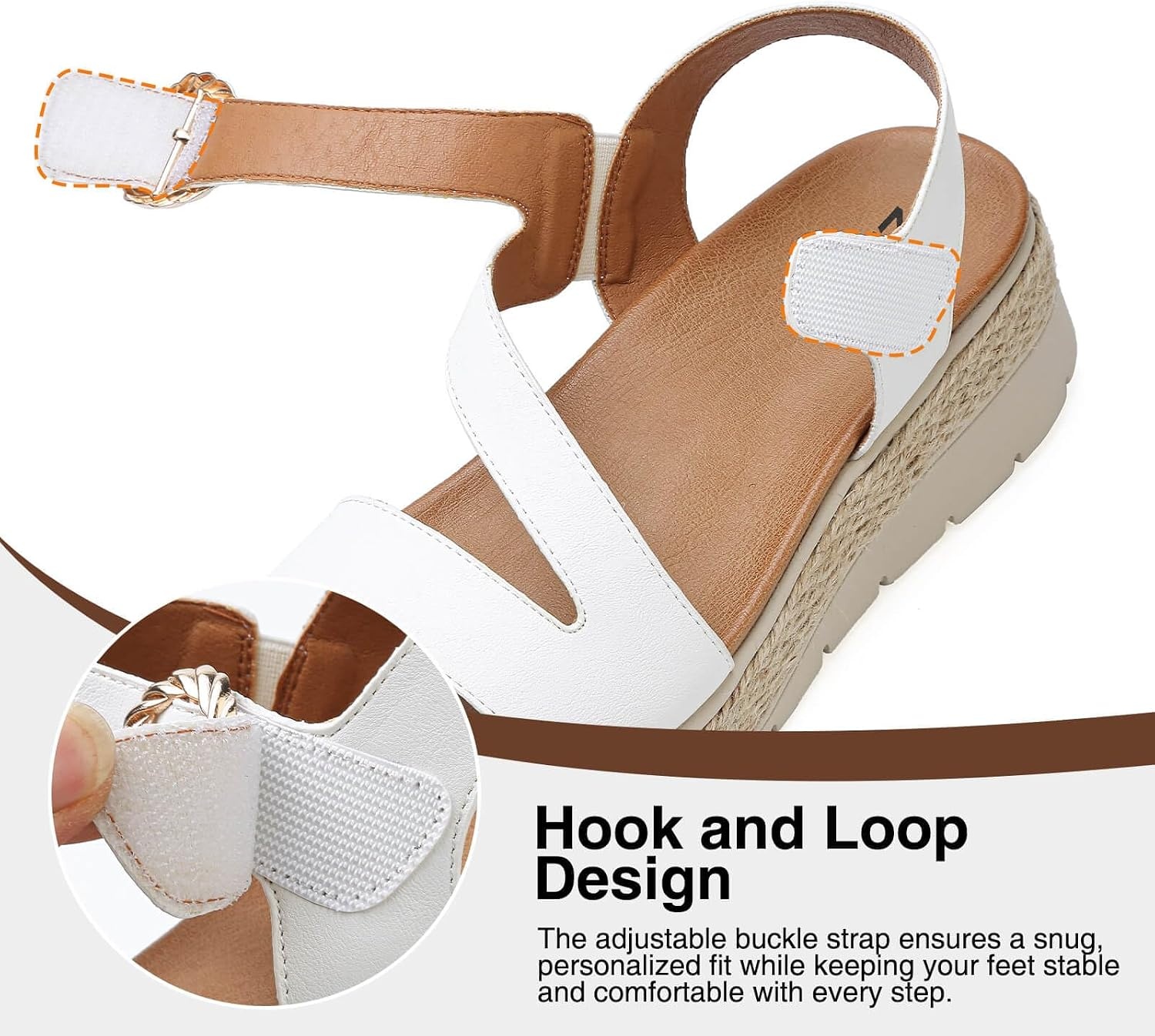 image:imageziitop Womens Wedge Platform Espadrille Sandals with Orthopedic Arch Support Adjustable Ankle Strap Open Toe for Casual WalkingB White