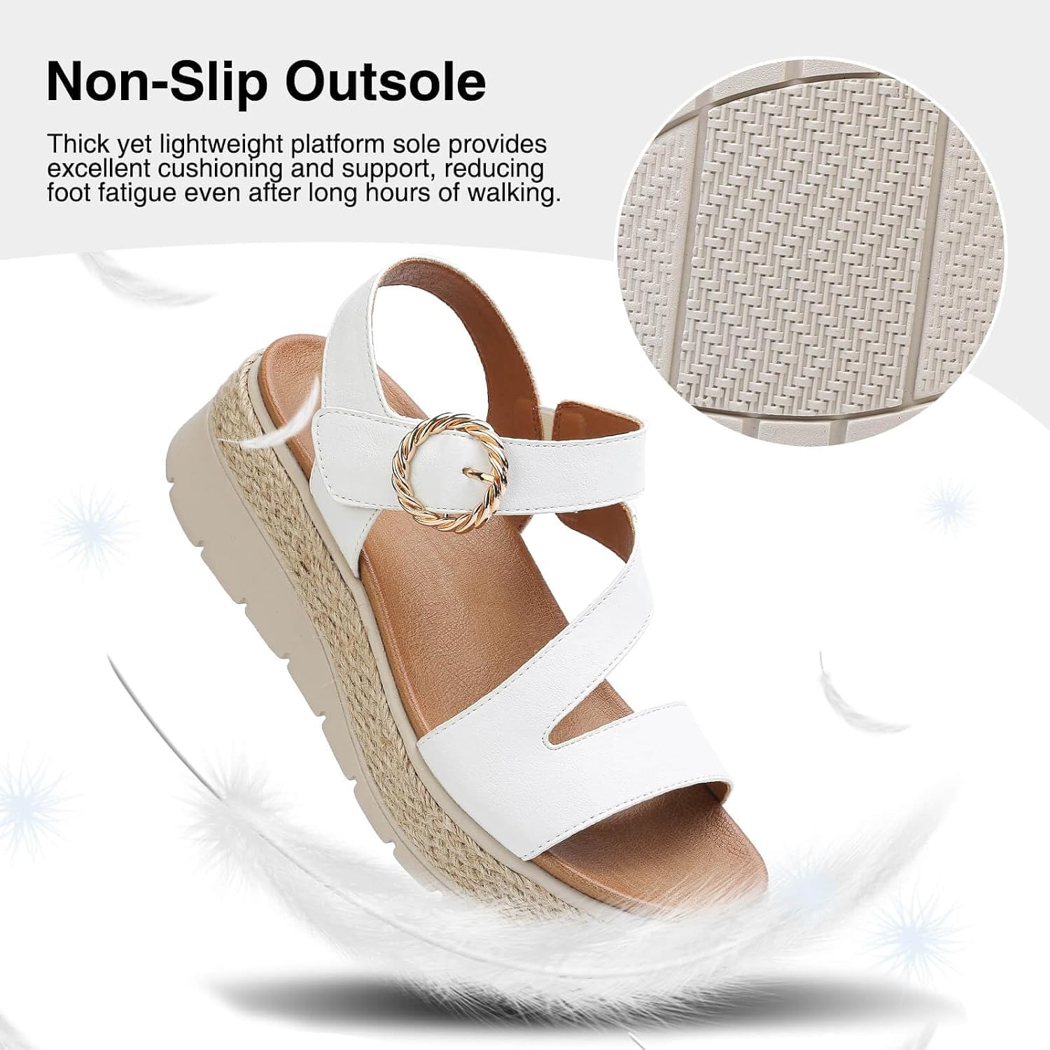image:imageziitop Womens Wedge Platform Espadrille Sandals with Orthopedic Arch Support Adjustable Ankle Strap Open Toe for Casual WalkingB White