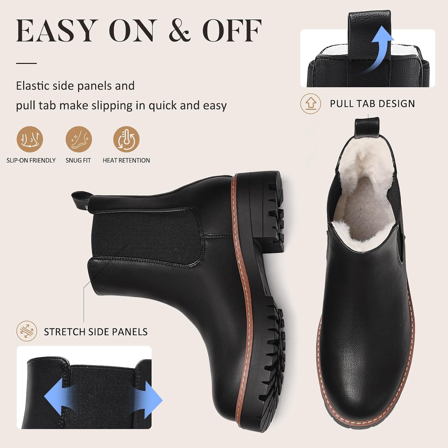 image:imageChelsea Boots Women Winter Boots Fur Lined Chunky Lug Sole Ankle BootiesBlack