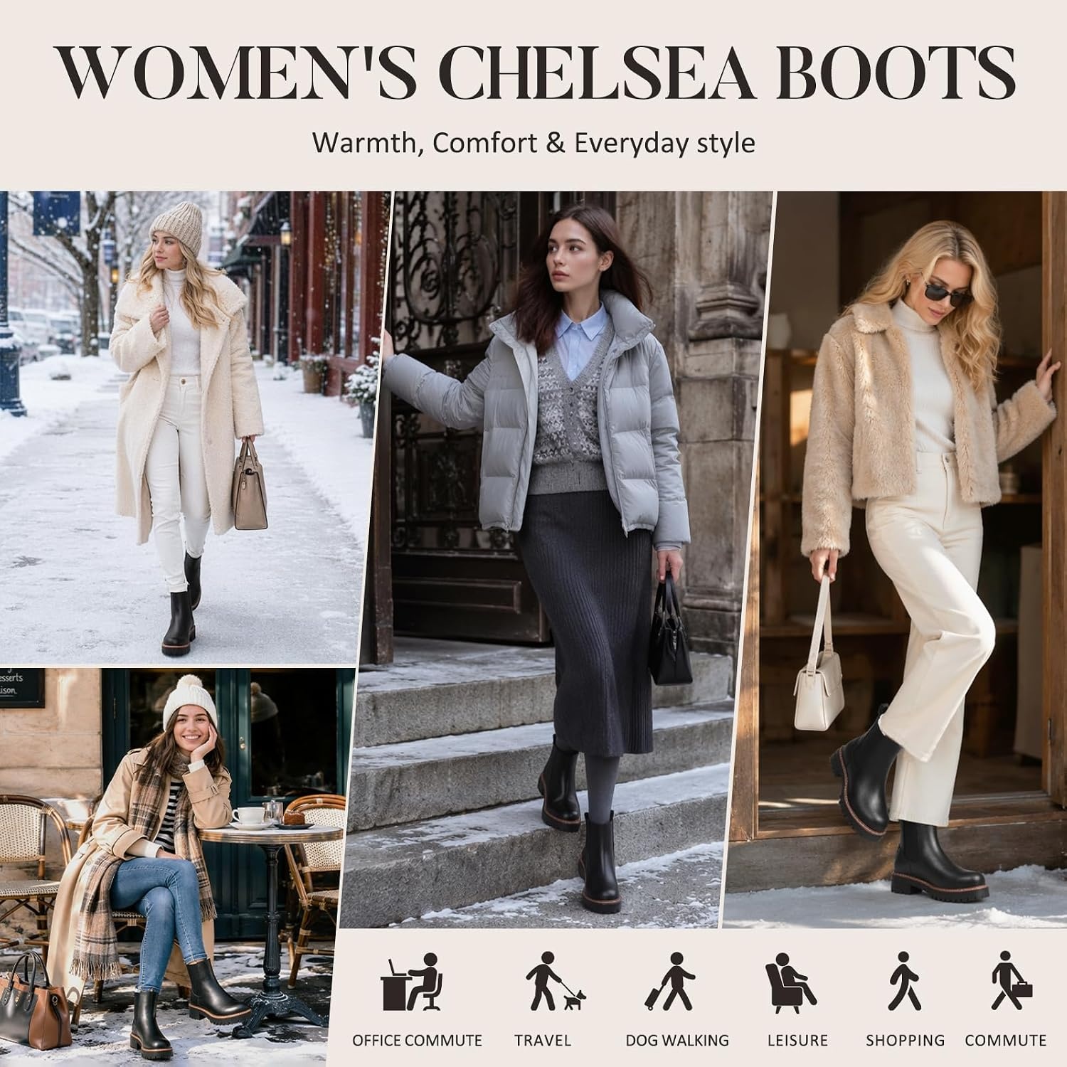 image:imageChelsea Boots Women Winter Boots Fur Lined Chunky Lug Sole Ankle BootiesBlack
