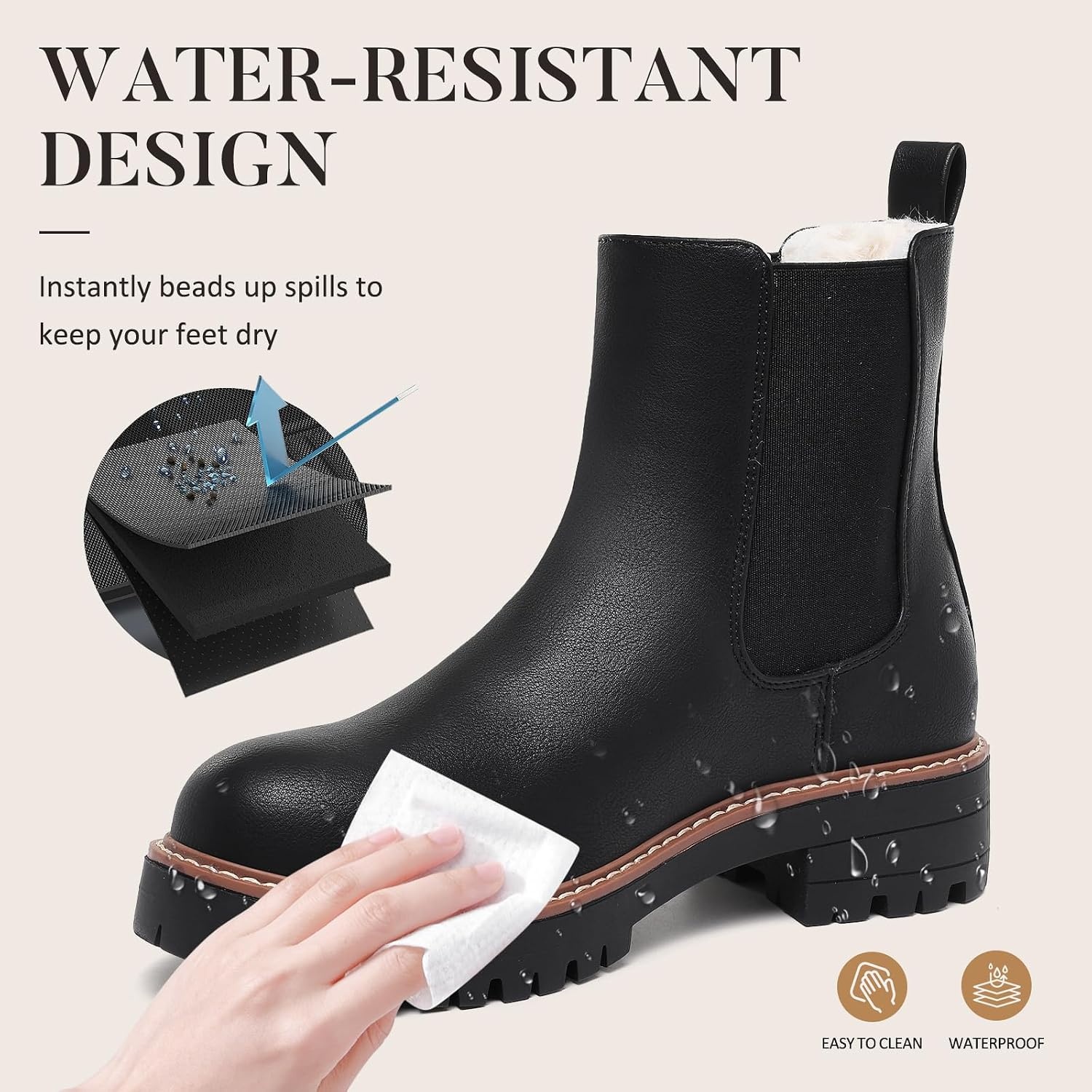 image:imageChelsea Boots Women Winter Boots Fur Lined Chunky Lug Sole Ankle BootiesBlack