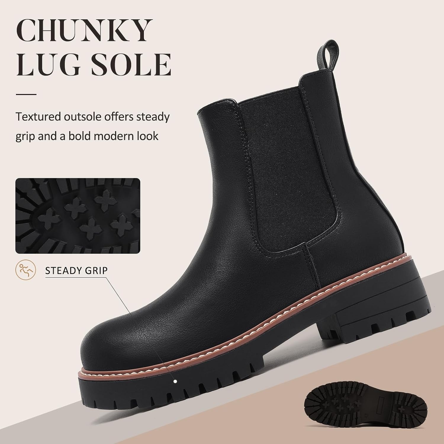 image:imageChelsea Boots Women Winter Boots Fur Lined Chunky Lug Sole Ankle BootiesBlack