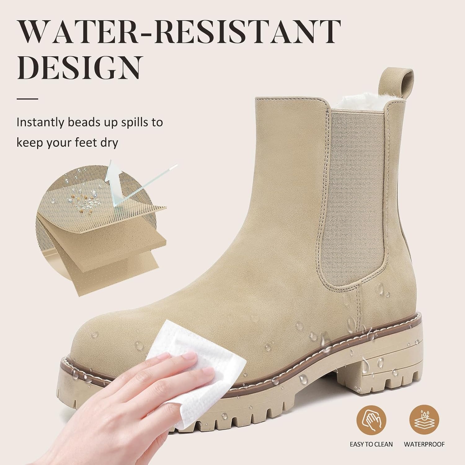 image:imageChelsea Boots Women Winter Boots Fur Lined Chunky Lug Sole Ankle BootiesRice