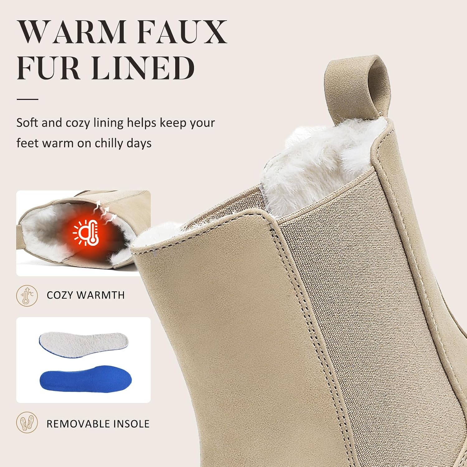 image:imageChelsea Boots Women Winter Boots Fur Lined Chunky Lug Sole Ankle BootiesRice