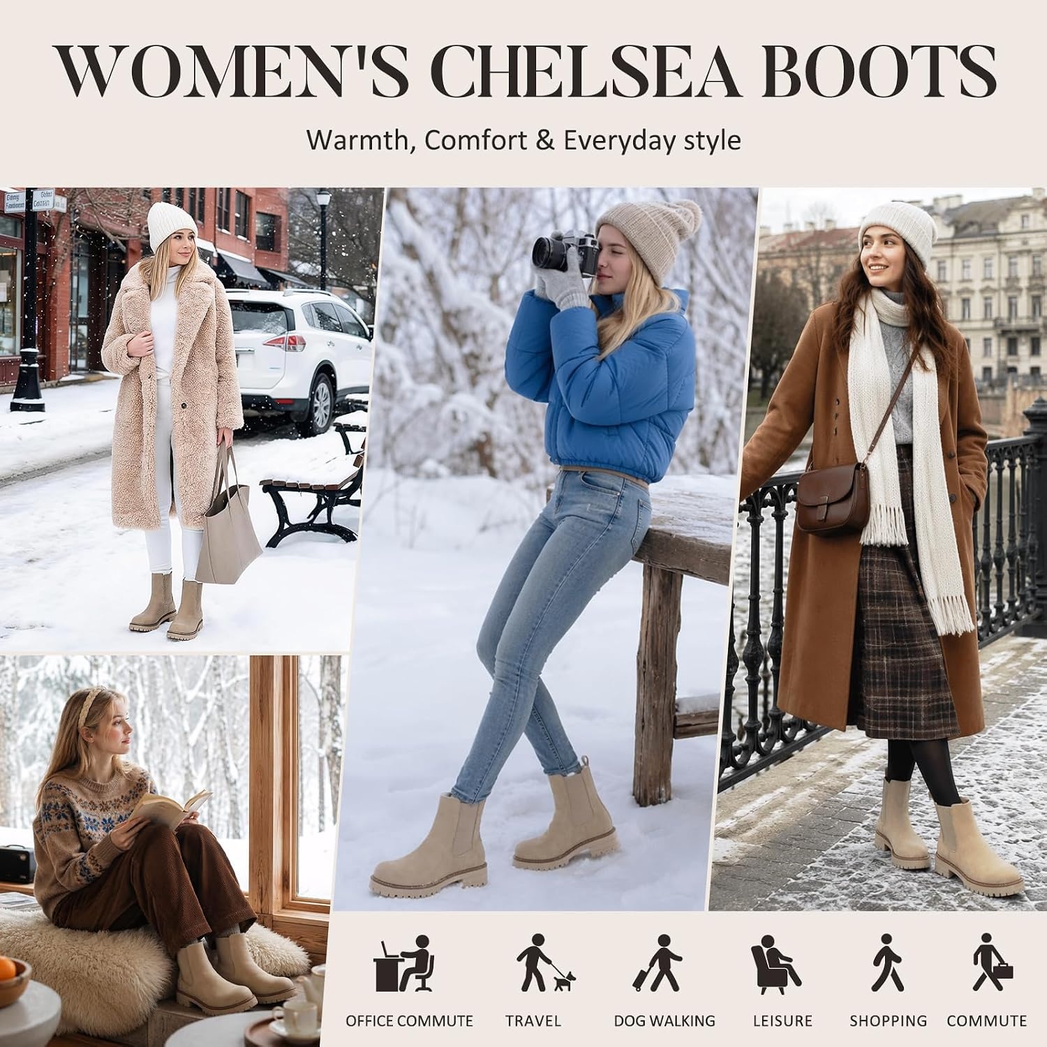 image:imageChelsea Boots Women Winter Boots Fur Lined Chunky Lug Sole Ankle BootiesRice