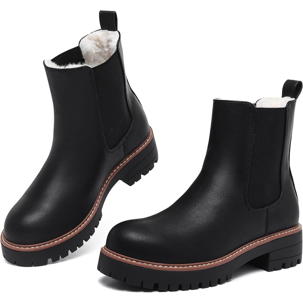 image:imageChelsea Boots Women Winter Boots Fur Lined Chunky Lug Sole Ankle BootiesBlack