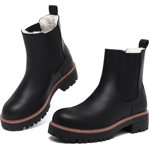 Chelsea Boots Women Winter Boots Fur Lined Chunky Lug Sole Ankle Booties(Black)