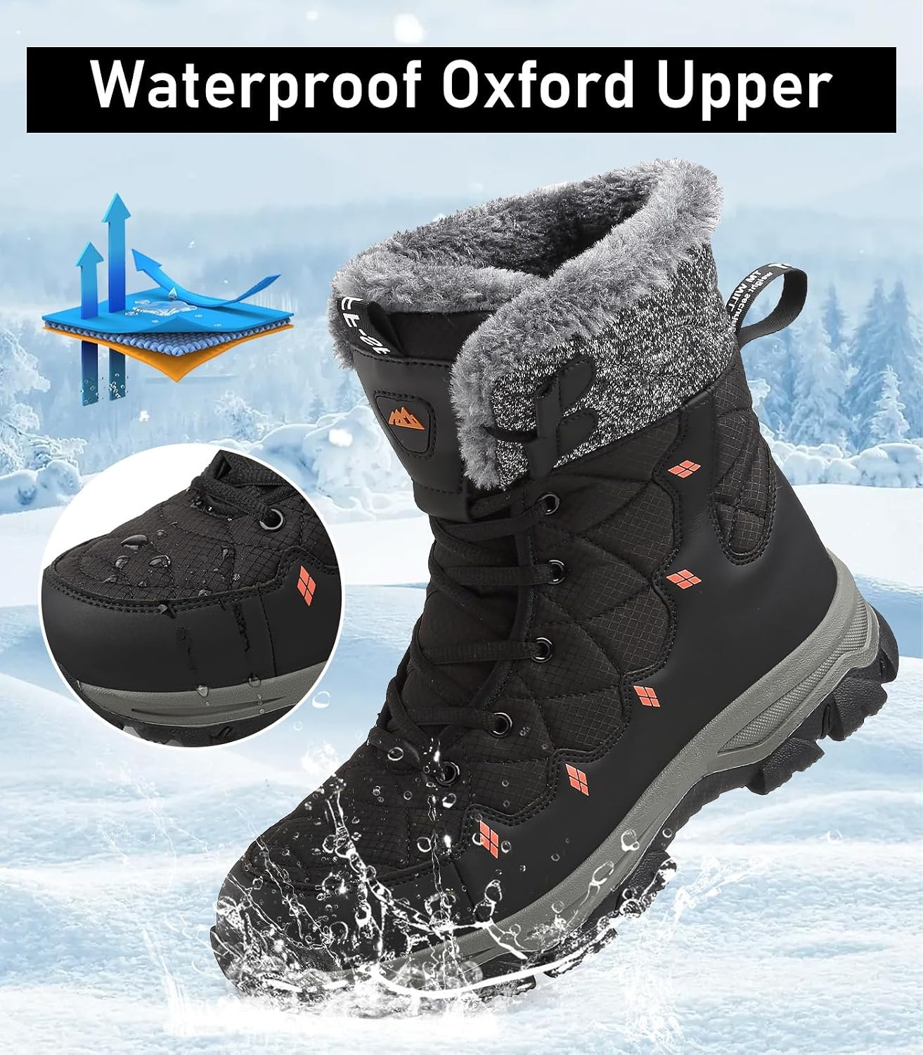 image:imageziitop Mens Winter Snow Boots Waterproof Warm Fur Lined Insulated BootsBlack