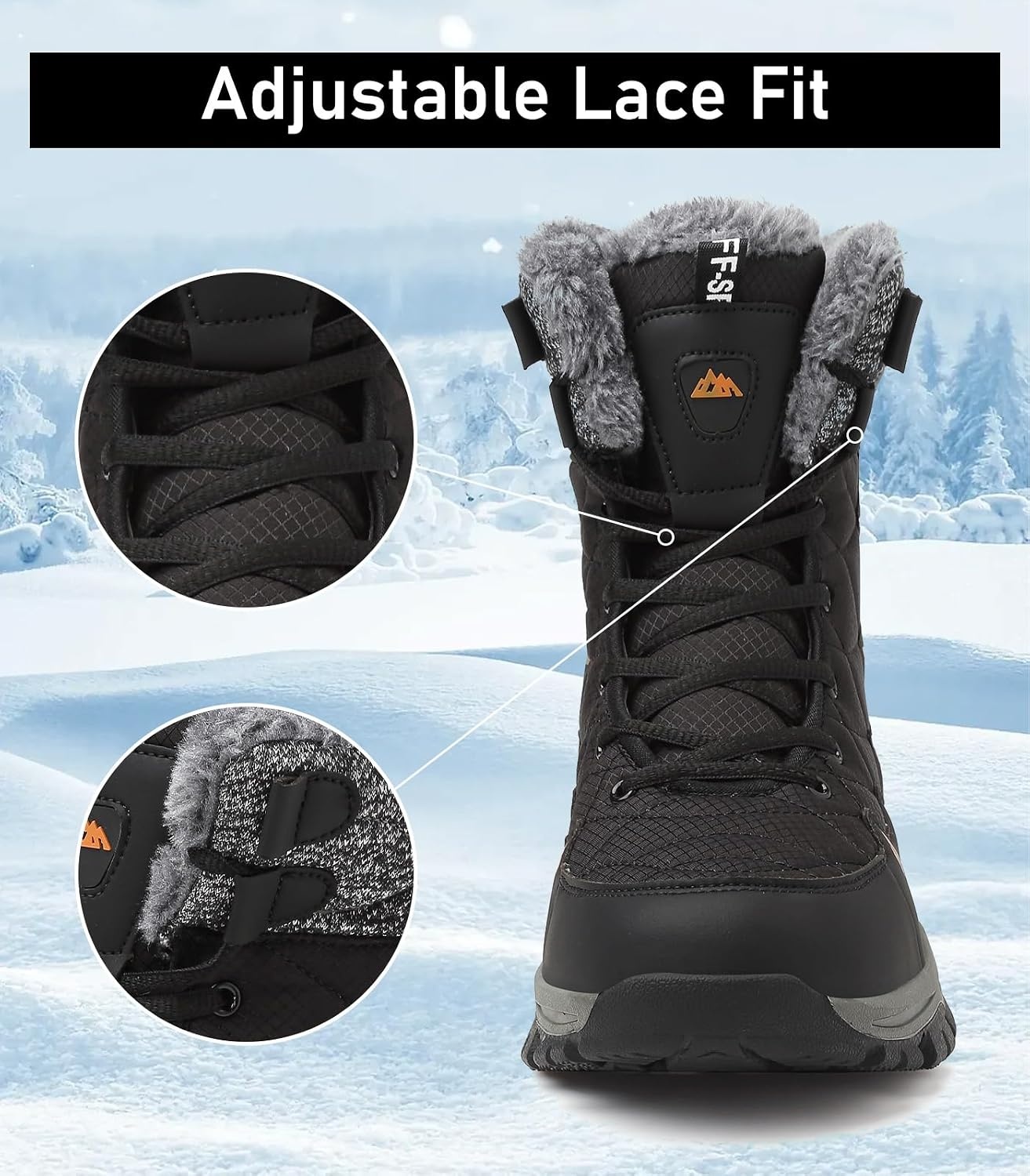 image:imageziitop Mens Winter Snow Boots Waterproof Warm Fur Lined Insulated BootsBlack
