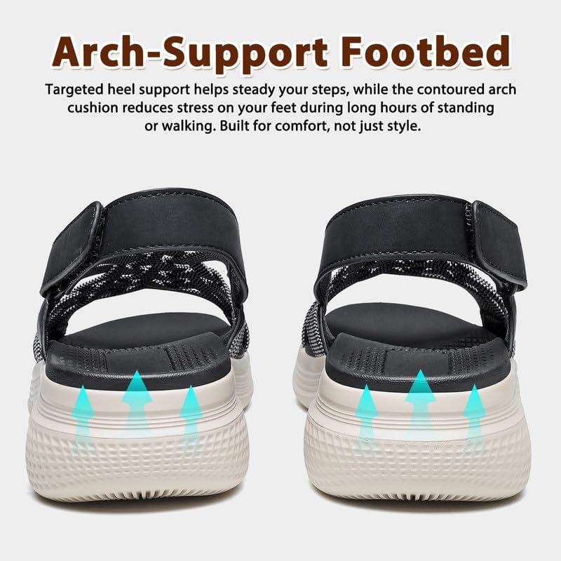 image:imageziitop Womens Sandals Women Footwear Ladies Summer Sandals with Arch Support Comfortable Walking Beach shoes Flat Wedge for Dressy Vacation Travel Office Party Shopping Dating Nursing Water SportsBlack