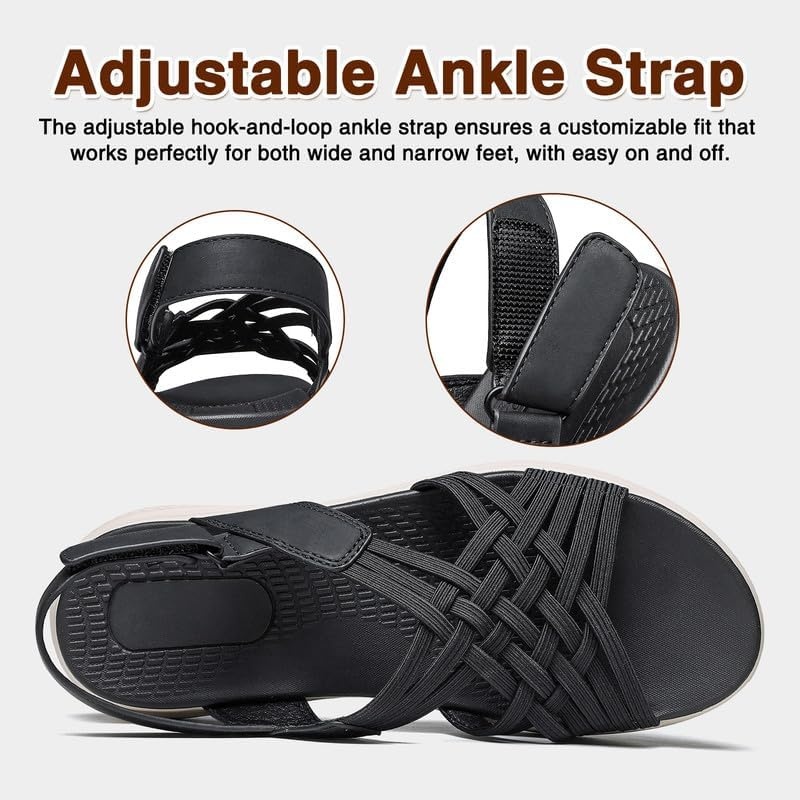 image:imageziitop Womens Sandals Women Footwear Ladies Summer Sandals with Arch Support Comfortable Walking Beach shoes Flat Wedge for Dressy Vacation Travel Office Party Shopping Dating Nursing Water SportsBlack
