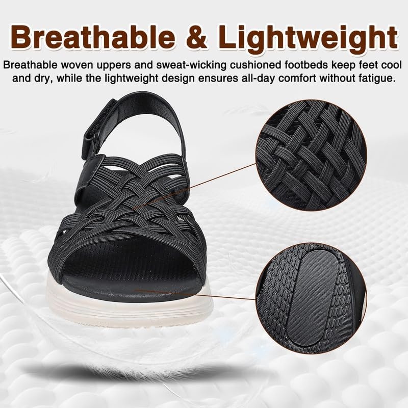 image:imageziitop Womens Sandals Women Footwear Ladies Summer Sandals with Arch Support Comfortable Walking Beach shoes Flat Wedge for Dressy Vacation Travel Office Party Shopping Dating Nursing Water SportsBlack