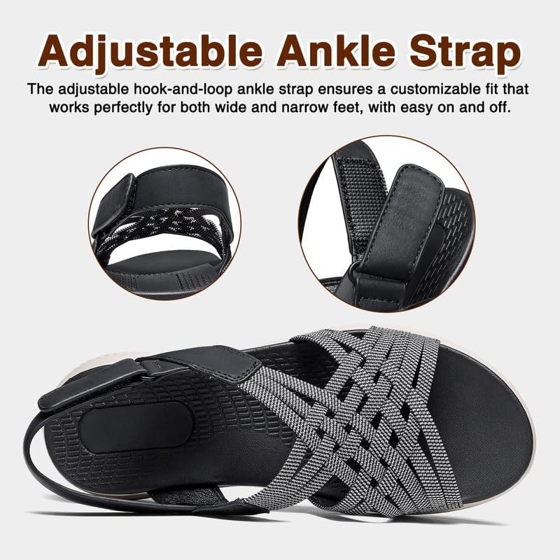 image:imageziitop Womens Sandals Women Footwear Ladies Summer Sandals with Arch Support Comfortable Walking Beach shoes Flat Wedge for Dressy Vacation Travel Office Party Shopping Dating Nursing Water SportsBlack Grey
