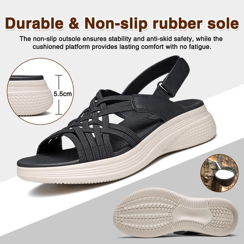 image:imageziitop Womens Sandals Women Footwear Ladies Summer Sandals with Arch Support Comfortable Walking Beach shoes Flat Wedge for Dressy Vacation Travel Office Party Shopping Dating Nursing Water SportsBlack