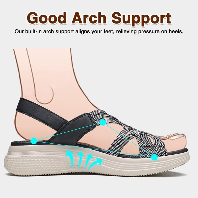 image:imageziitop Womens Sandals Women Footwear Ladies Summer Sandals with Arch Support Comfortable Walking Beach shoes Flat Wedge for Dressy Vacation Travel Office Party Shopping Dating Nursing Water SportsBlack Grey