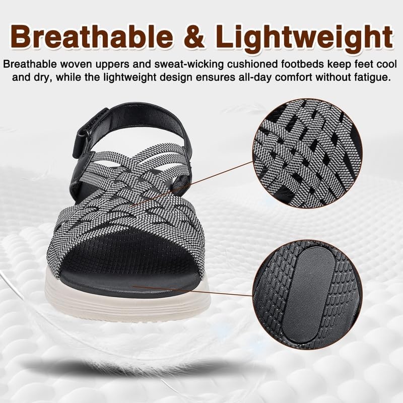 image:imageziitop Womens Sandals Women Footwear Ladies Summer Sandals with Arch Support Comfortable Walking Beach shoes Flat Wedge for Dressy Vacation Travel Office Party Shopping Dating Nursing Water SportsBlack Grey