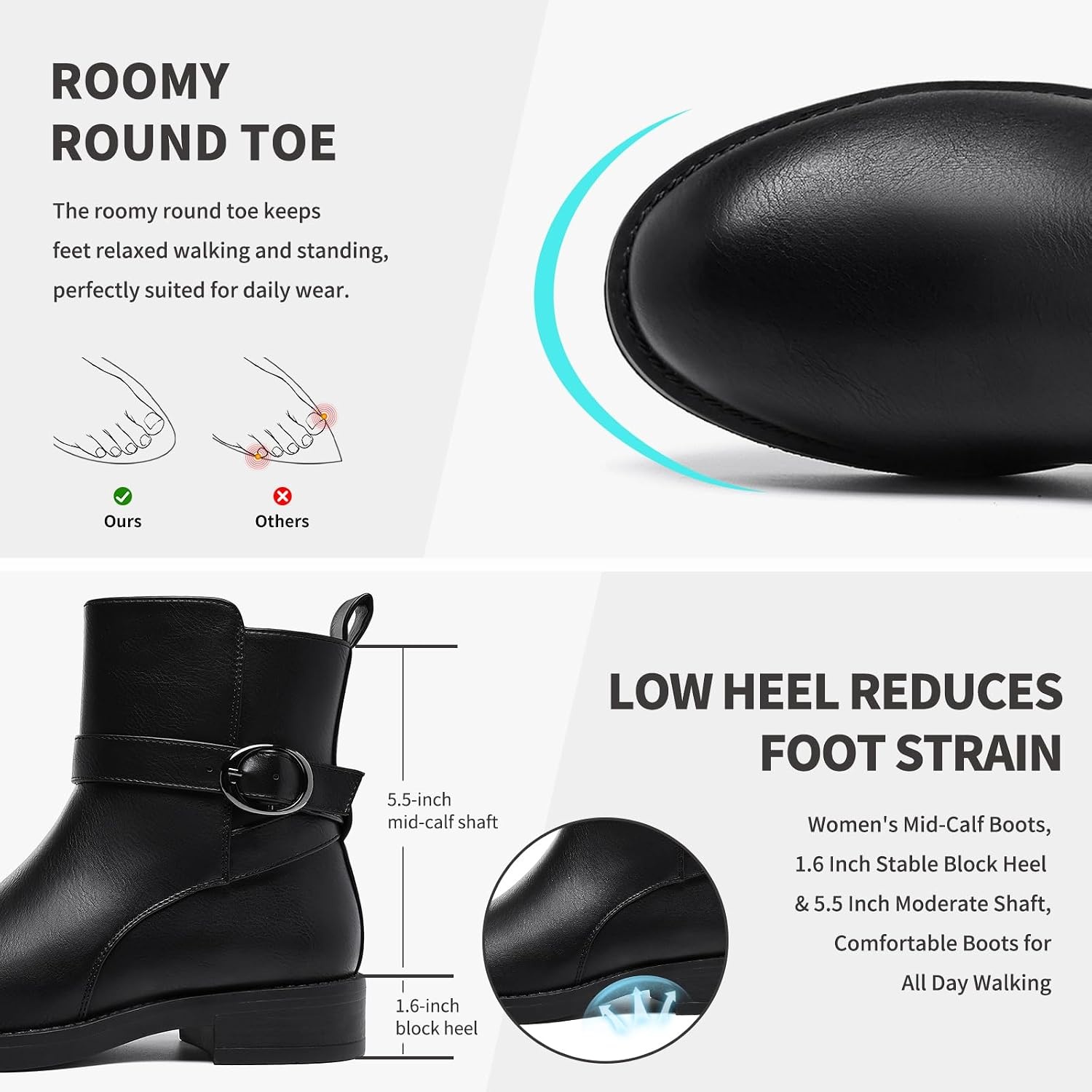 image:imageWomens Mid Ankle Boots Waterproof Rain Boots for Fall Winter Low Heel ZipBlack